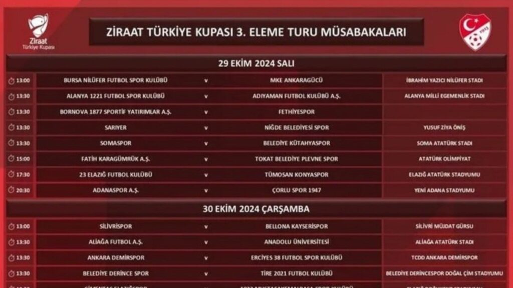 Türkiye Kupası 3. Eleme programı belli oldu: Adıyaman FK, 29 Ekim’de Alanya 1221 FK ile karşılaşacak