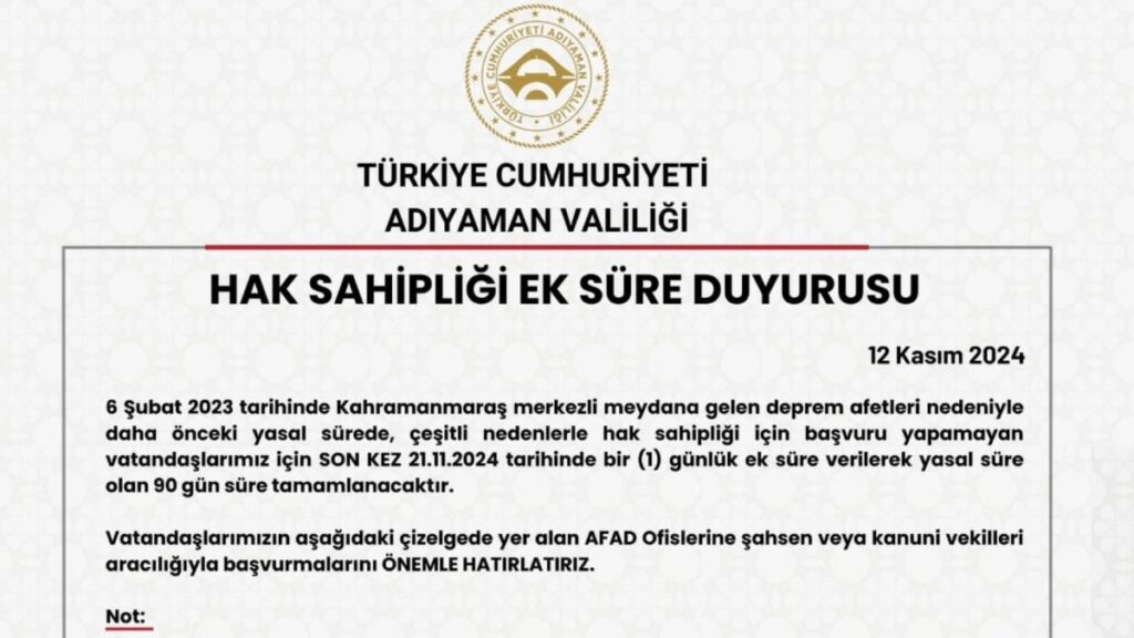 Adıyaman Valiliği’nden hak sahipliği başvuruları için ek süre duyurusu